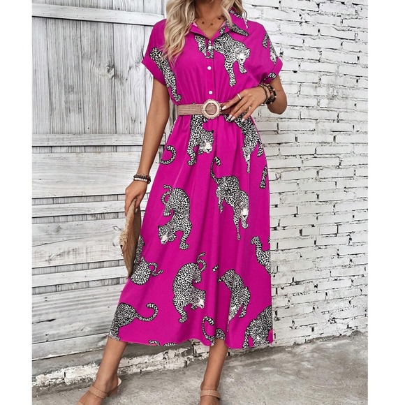 Plus leopard Print Button Cuff Short Sleeve Shirt Dress - Picture 2 of 6